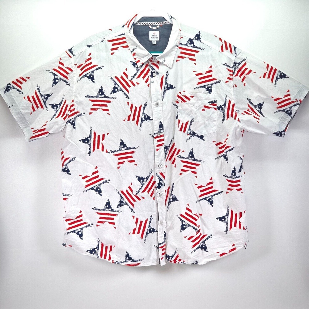 Free Planet Button Up Camp Shirt Men's 4X Patriotic USA American Flag Fourth EUC